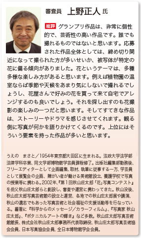 審査員　上野正人 氏
総評　グランプリ作品は、非常に個性的で、芸術性の高い作品です。誰でも撮れるものではないと思います。応募された作品全体としては、締め切り間近になって撮られた方が多いせいか、被写体が特定の花に偏る傾向がありました。花というテーマは、多種多様な楽しみ方があると思います。例えば植物園の温室ならば季節や天候をあまり気にしないで撮れるでしょうし、花屋さんで好みの花を買って来て自宅でアレンジするのも良いでしょう。それを探し出すのも花撮影の楽しみの一つだと思います。そしてすてきな作品は、ストーリーやドラマを感じさせてくれます。観る側に写真が何かを語りかけてくるのです。上位にはそういう要素を持った作品が多いと思います。
うえの　まさと／１９５４年東京都大田区に生まれる。法政大学法学部法律学科卒業、同文学部博物館学芸員課程修了。出版社編集部勤務後、フリーエディターとして企画編集、取材、執筆に従事する一方、学芸員として展覧会の企画、障がい者が働ける美術館設立、養護学校で写真の授業等に携わる。２００２年、『第１回秋山庄太郎「花」写真コンテスト』を岳父秋山庄太郎らと創設し、審査や運営に携わってきた。秋山没後、秋山庄太郎写真芸術館の設立と運営、各地での秋山庄太郎展や講演、秋山の遺志でもあった写真芸術と社会福祉の支援活動等を行なっている。編著に『科学からのメッセージ／カラーフィルム』、『写真家 秋山庄太郎』、『ボタニカルアートの輝き』など多数。秋山庄太郎写真芸術館館長、株式会社秋山庄太郎事務所代表取締役、秋山庄太郎写真芸術協会会員、日本写真協会会員、全日本博物館学会会員。 