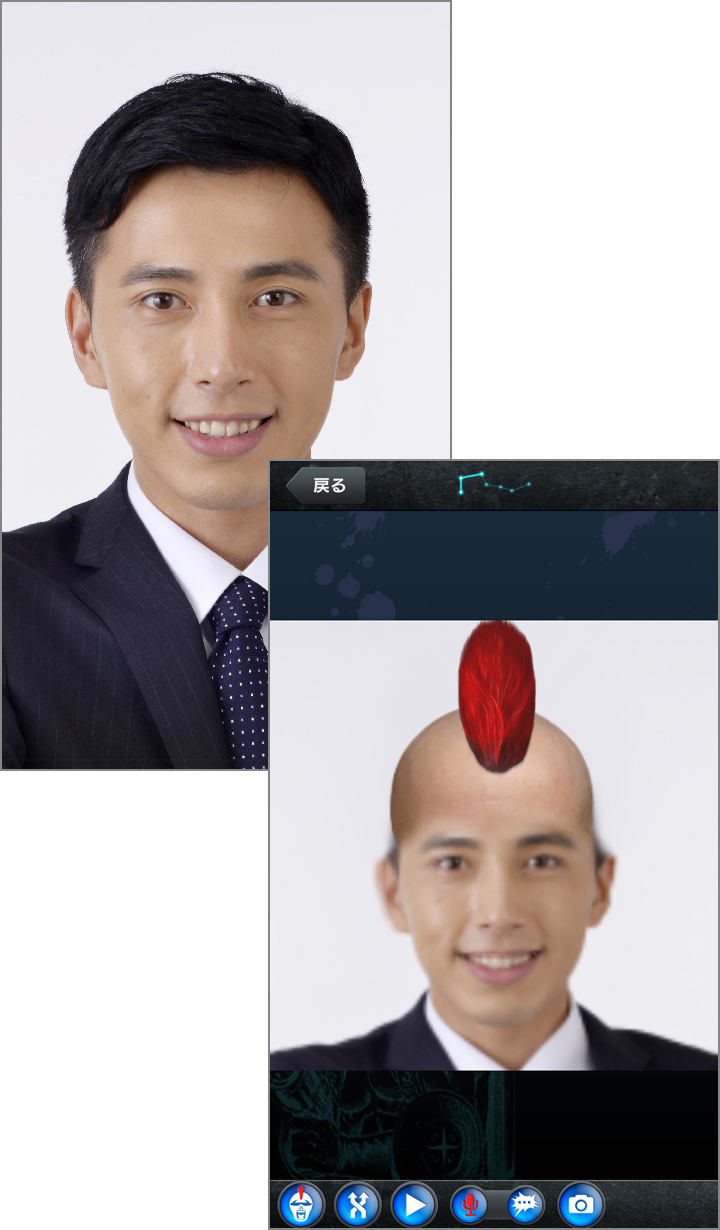 写真を撮影・選択するだけで悪党キャラ風に変身!